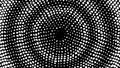 Halfton pattern Background. A circle, spiral of white dots on a black background. Animation of wave motion. Particles and points.