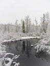 Halftone art of nature. River and winter`s first snow in northern Finland.