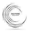 Halftone circular vortex dotted frame. Circle swirl dots isolated on white background. Logo halftone texture. Vector