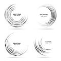 Halftone circular vortex dotted frame set. Circles swirl dots isolated on white background. Logo design element.