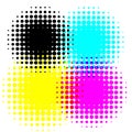 Halftone CMYK set of overlay backgrounds. Four colored vector blots - Cyan, Magenta, Yellow and Black. Emulation of raster dot Royalty Free Stock Photo