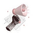 Halftone collage paper hand holding 3d render loudspeaker. Breaking news concept or sale announce. Newspaper clippings