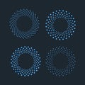 Halftone dots in circle shape. Round dotted logo design element. Black and blue lights isolated banner decoration