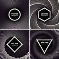 Halftone dotted backgrounds set. Circle, hexagon, suare and triangle shape over vortex. Abstract monochrome vector