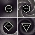 Halftone dotted backgrounds set. Circle, hexagon, suare and triangle shape over vortex. Abstract monochrome vector Royalty Free Stock Photo