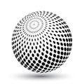 Halftone effect sphere in black and white. Vector 3D object with dropped shadow