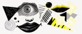 Halftone eye vector universal trendy textured geometric bright bold shapes set, woman lips, yellow and black