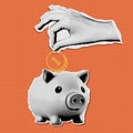 Halftone Hand putting a coin into a piggy bank. Torn out Paper retro 90s, y2k 00s style effect collage. Vector Royalty Free Stock Photo