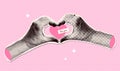 Halftone hands making heart shape banner template. Modern y2k collage and paper cut out elements. Valentines day, love