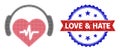 Halftone Heart Sound Icon and Scratched Bicolor Love and Hate Watermark