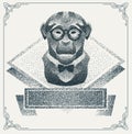 Halftone hipster monkey with black Dots. Vector