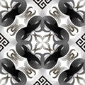 Halftone intricate vector greek style seamless pattern. Dotted half tone fractal, geometric shapes, lines, swirls, flowers.