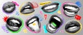Halftone lips set with punk elements. Collage mouth for banner, graphic design, poster, illustration. Vector set of