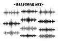 Halftone sound wave black and white patterns set.Tech music design elements isolated on white background