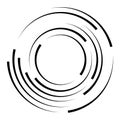 Halftone speed lines circle. Geometric art in circle form. Round swirl movement symbol. Halftone circular frame. Vector
