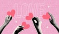 Halftone torn out collage Hands holding hearts. Valentine's day banner template. Give and share love to people