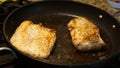 Halibut steak cooking in a pan on the stove. Royalty Free Stock Photo