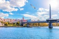 Halic Metro Bridge and Galata Tower on the background, view from the Golden Horn, Istanbul, Turkey Royalty Free Stock Photo