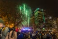 Halifax, Nova Scotia, Canada - Jan 1, 2020 - Beautiful fireworks Halifax City Hall with cheering background crowd. Royalty Free Stock Photo