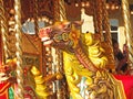 Close up of a vintage carousel horses in the public square at Halifax piece hall west yorkshire