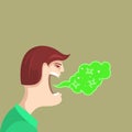 Halitosis, bad breath, talking man with stink from mouth, very bad breath, oral care hygiene