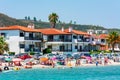 Halkidiki, Greece - August 2019: Pefkochori beach on Kassandra peninsula