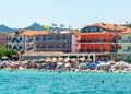 Halkidiki, Greece - August 2019: Pefkochori beach on Kassandra peninsula