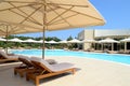 Halkidiki, Greece - July 14 2018: Outdoor pool at Sani luxury hotel complex in Kassandra, Chalkidiki Royalty Free Stock Photo