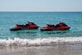 Blue sea and a jet ski floating on Aegean sea. Royalty Free Stock Photo