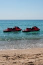 Blue sea and a jet ski floating on Aegean sea. Royalty Free Stock Photo