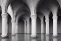 Hall with antique arches and columns marble floor and medieval door.