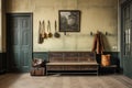 a hall with an antique storage bench and an exposed pipe coat rack