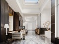 Hall corridor foyer in contemporary style with a seating area with armchairs and tables with wooden wall paneling