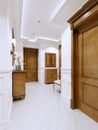 Hall entrance hall in a modern apartment in a classic style, with a chest of drawers and wall panels in white