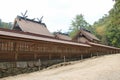 hall (honden) in a shinto shrine (izumo-taisha) in izumo (japan)