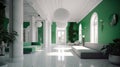 Hall in a large luxury hotel in light green and white tones with white lamps