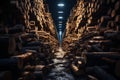 A hall with logs. Wood storage space. Result of deforestation