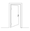 Hall with open front door. Entrance to a room or office. Continuous line drawing