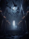 Gothic creepy room with bats in haunted castle. AI Royalty Free Stock Photo