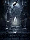 Gothic creepy room with bats in haunted castle. AI Royalty Free Stock Photo