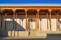 Hall with wooden columns of the ancient citadel in Bukhara `Ark citadel`.