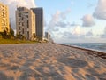 Hallandale Beach Florida sandy beach during sunrise. Royalty Free Stock Photo