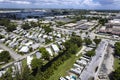 Hallandale Beach, Florida, USA. Aerial of Motor homes and a commercial zone across the boulevard