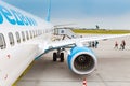 Boarding on POBEDA airlines Russian lowcost Jet airplane in airport Royalty Free Stock Photo