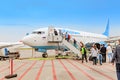 Boarding on POBEDA airlines Russian lowcost Jet airplane in airport Royalty Free Stock Photo