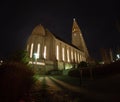 Hallgrimskirkja Cathedral Reykjavik Iceland at night seen from the back, shadows from Royalty Free Stock Photo