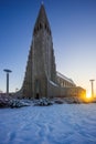 Hallgrimskirkja cathedral at reykjavik with sunrise, Winter season, Iceland