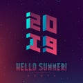 Hallo New Summer 2019 party. Futuristic abstract design posters with 3d elements and gradients. Applicable for covers, placards, Royalty Free Stock Photo