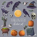 Hallooween spooky sticker set. 21 original elements isolated on white background.