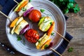 Halloumi cheese and vegetables grilled skewers Royalty Free Stock Photo